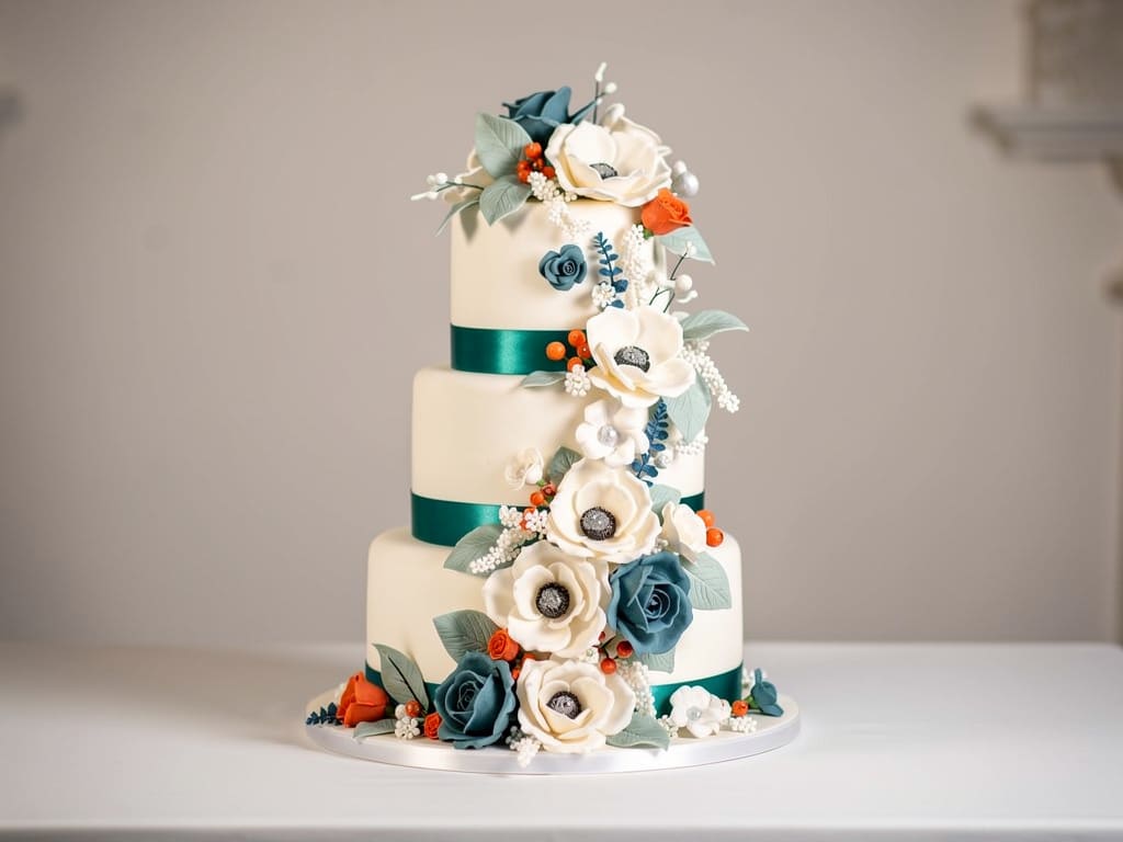 Torta nuziale a più piani con decorazioni floreali in una sala luminosa