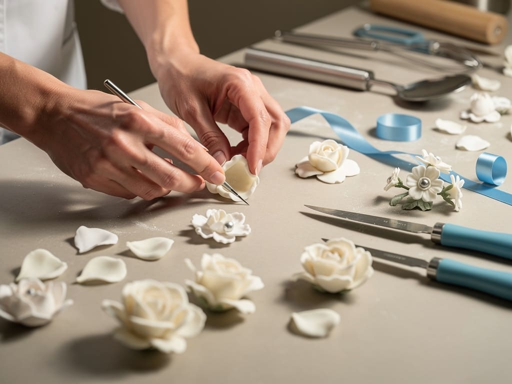 Preparazione artigianale di decorazioni per torta nuziale in laboratorio