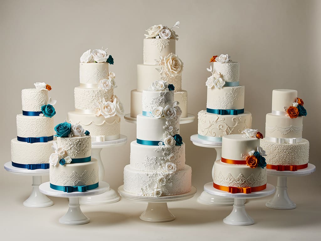 Selezione di torte nuziali multipiano con decorazioni floreali