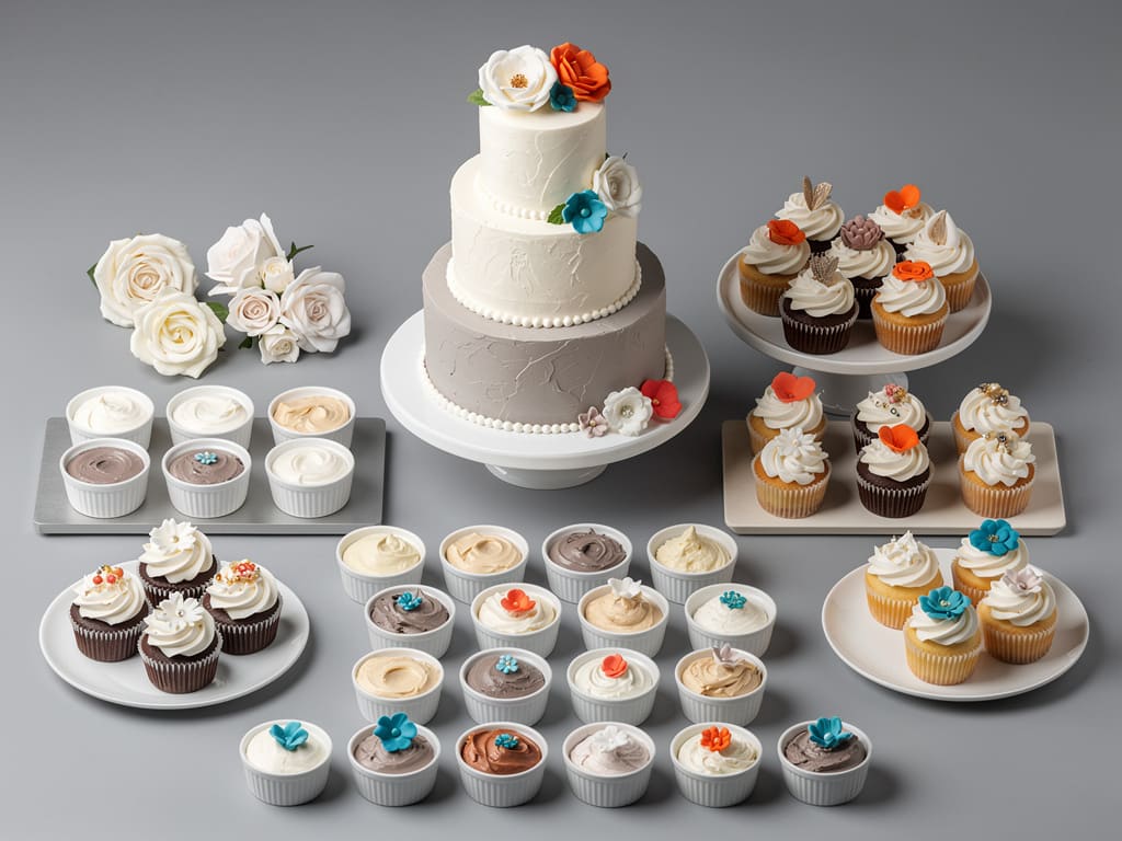 Elementi per torte nuziali, campioni di farciture e cupcake in laboratorio